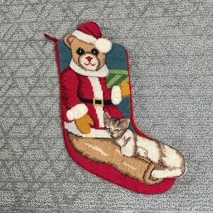 VTG Christmas Stocking Needlepoint Bear Santa Claus Cat 3D Holiday Decor Cottage
